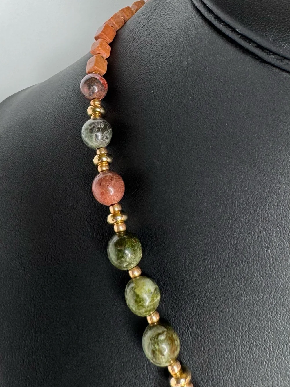 Artisan Verdigris Cicada Pendant Necklace Terra Cubes & Leopard Skin Jasper 20” - Picture 6 of 8